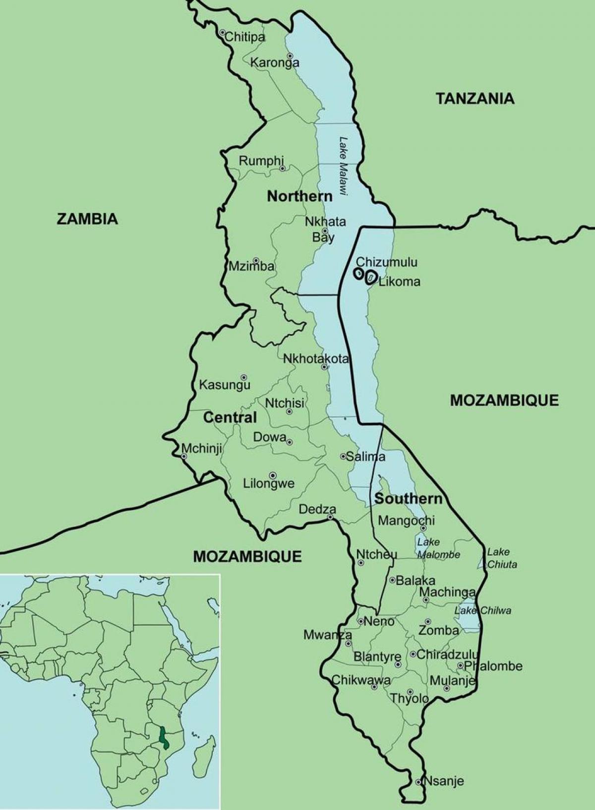 karte Malāvija rāda rajonos