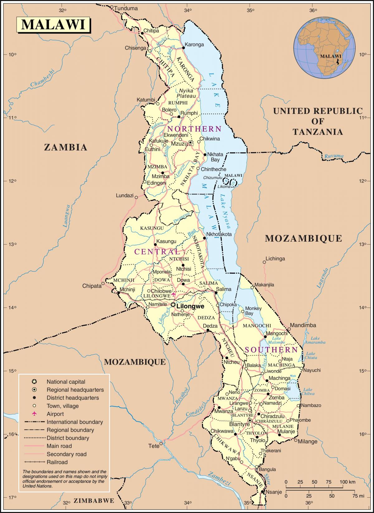 karte Malāvijai, kas rāda ceļu